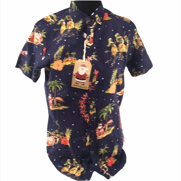 Free Planet Santa Hula Button Down Shirt, Blue - Picture 1 of 5